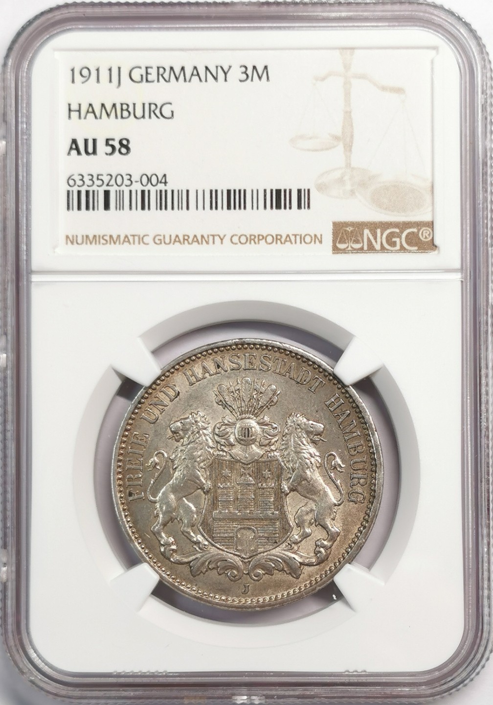 凡希社世界钱币微拍第二百零四期 1911J德国汉堡3马克NGC-AU58
