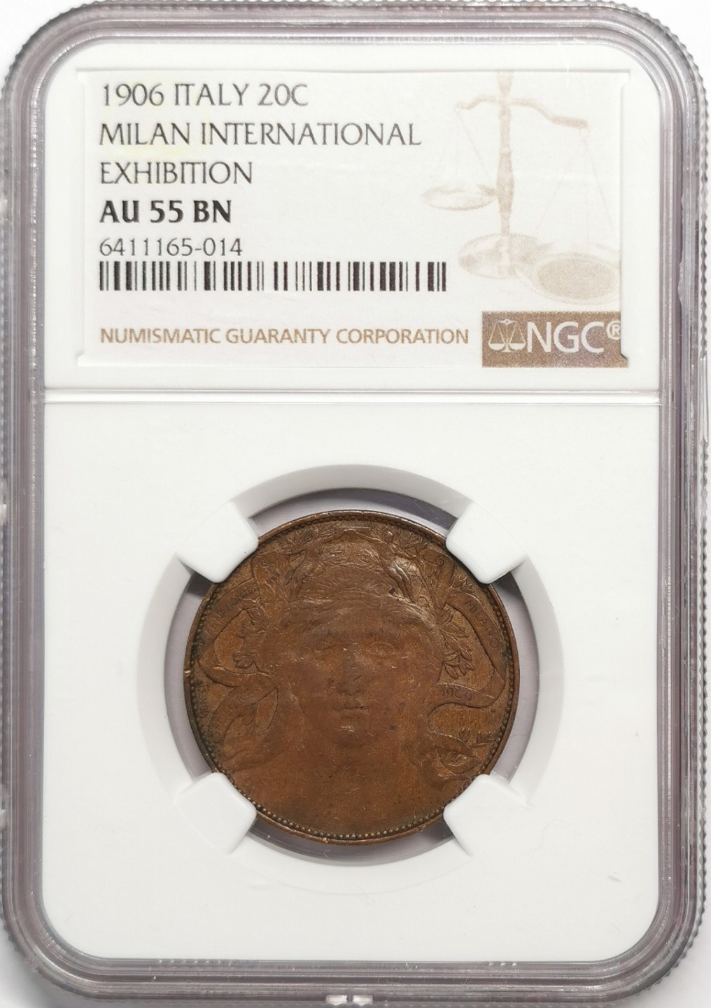 凡希社世界钱币微拍第二百零四期 1906意大利米兰博览会20分铜币NGC-AU55