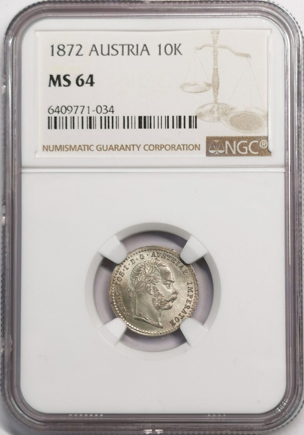 凡希社世界钱币微拍第二百零四期 1872奥地利10K银辅币NGC-MS64