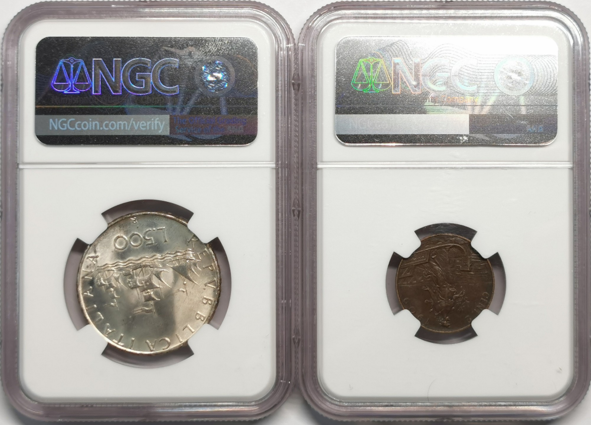 凡希社世界钱币微拍第二百零四期 意大利银币铜币一对NGC