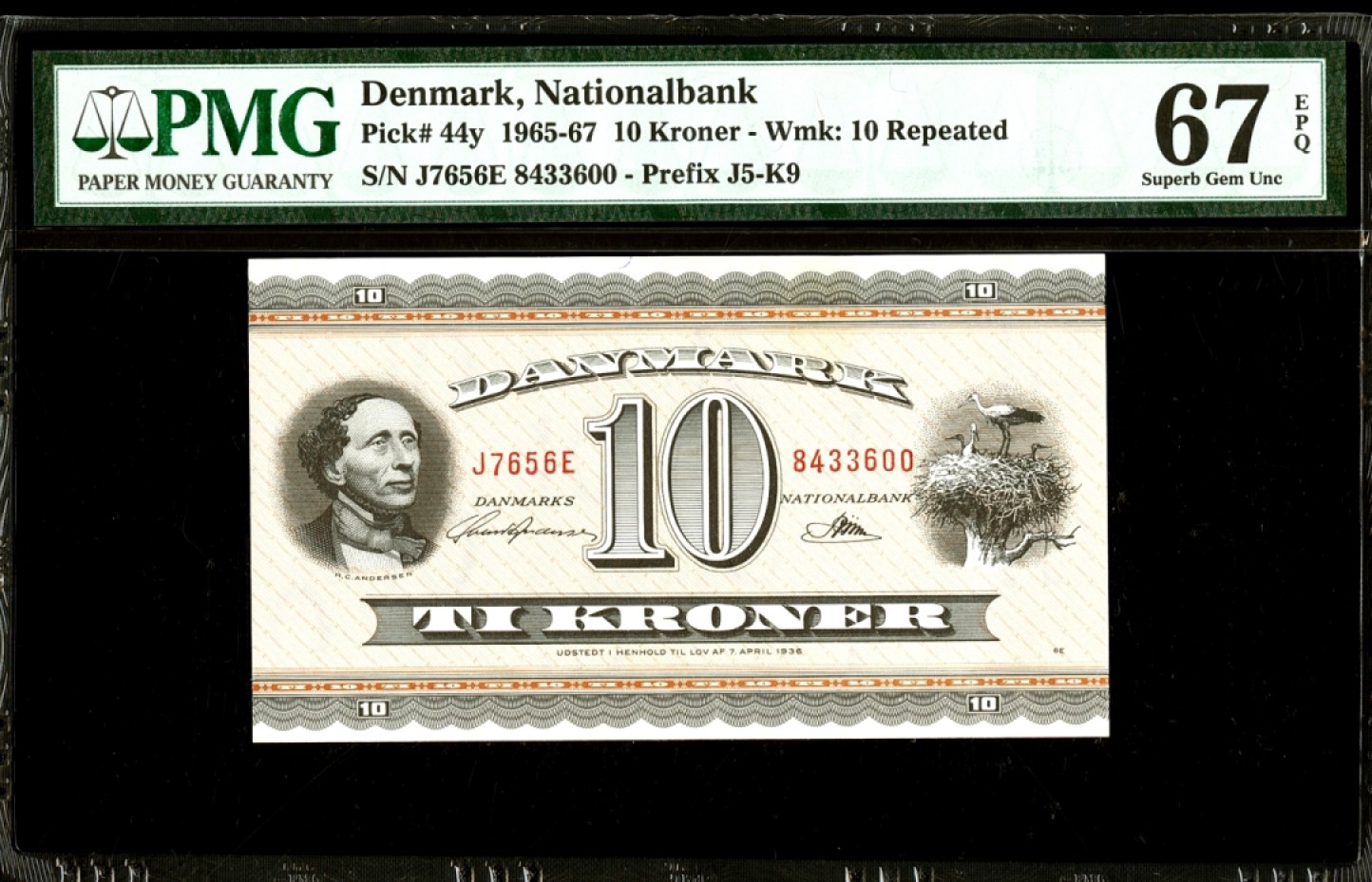 新纪元！【Blue Auction】✨世界纸币精拍第201期【精】   丹麦 1965-67年10克朗 安徒生 PMG67EPQ 高分 