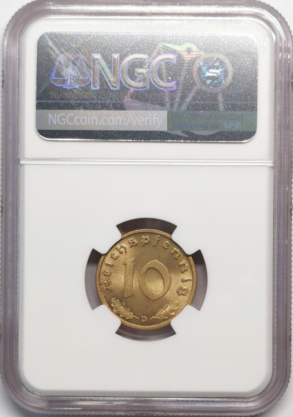 凡希社世界钱币微拍第二百零四期 1938D德国10芬尼黄铜币NGC-MS66高分！