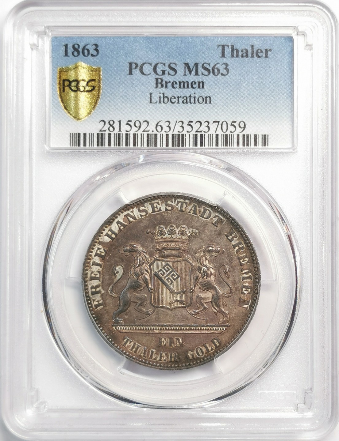 凡希社世界钱币微拍第二百零四期 1863不来梅解放纪念泰勒PCGS-MS63五彩品！
