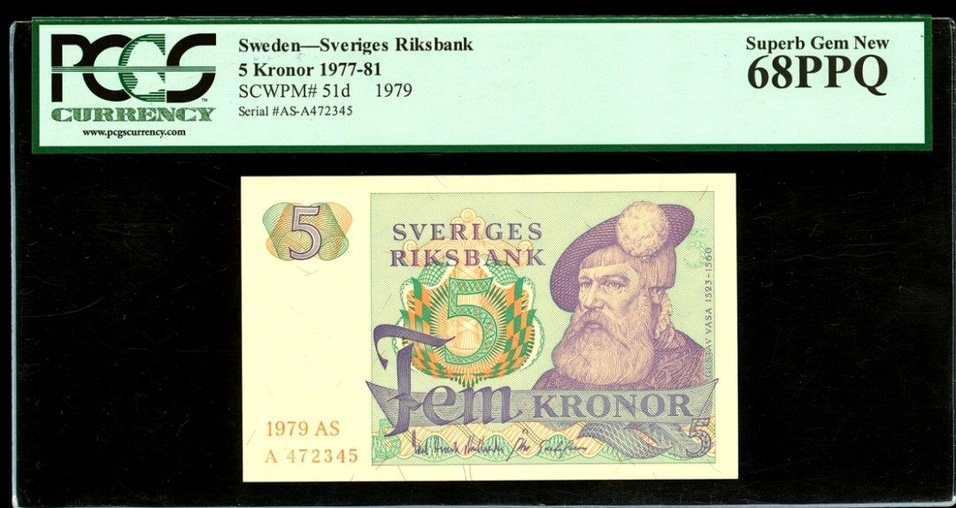 新纪元！【Blue Auction】✨世界纸币精拍第201期【精】   瑞典 1979年5克朗 A冠 大胡子 PCGS68EPQ 绿标 超高分