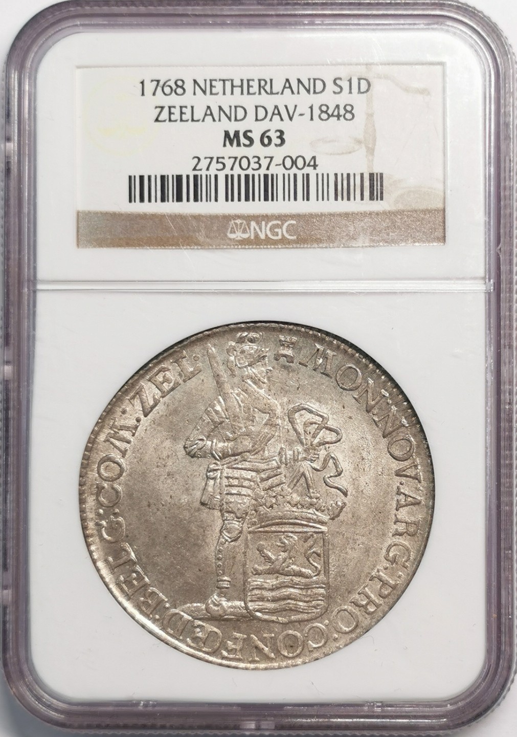 凡希社世界钱币微拍第二百零四期 稀！1768泽兰执剑武士杜卡特大银NGC-MS63黄光顶级品！