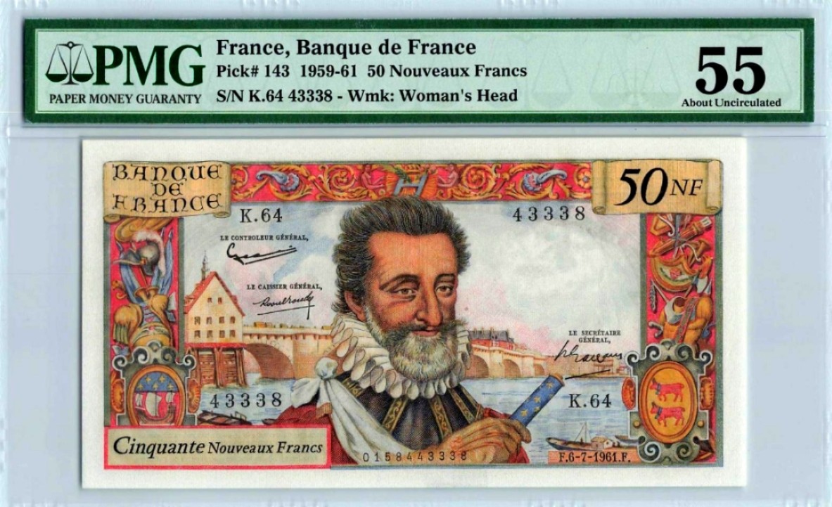 新纪元！【Blue Auction】✨世界纸币精拍第201期【精】   【无背标】法国 1959-61年50新法郎 PMG55 亨利四世 经典品种 水印精美