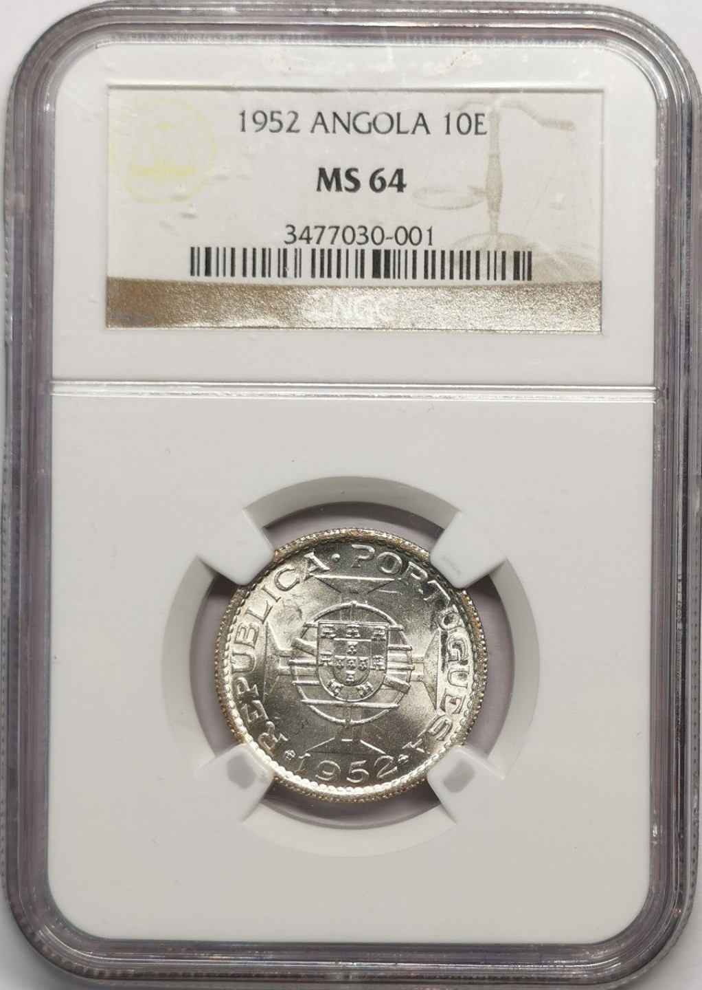 凡希社世界钱币微拍第二百零四期 1952葡属安哥拉10E银币NGC-MS64