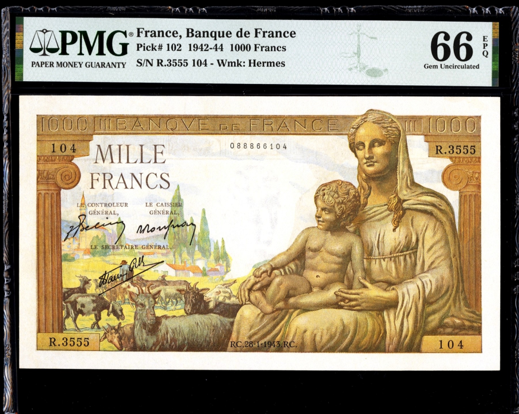 新纪元！【Blue Auction】✨世界纸币精拍第201期【精】   法国 1943年 1000法郎  PMG66EPQ  墨丘利&圣母 精美 大票幅