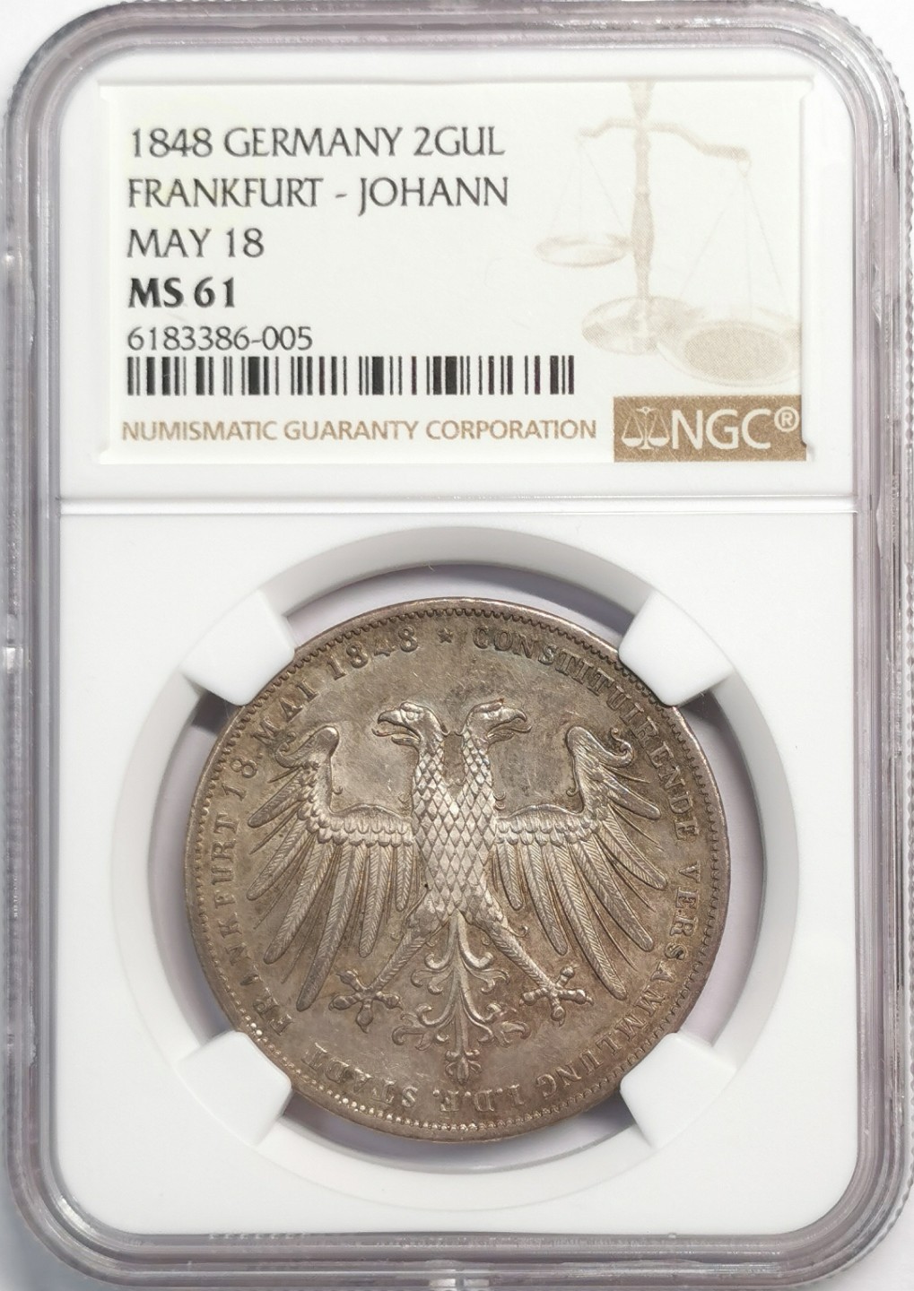 凡希社世界钱币微拍第二百零四期 1848法兰克福纪念2盾大银NGC-MS61