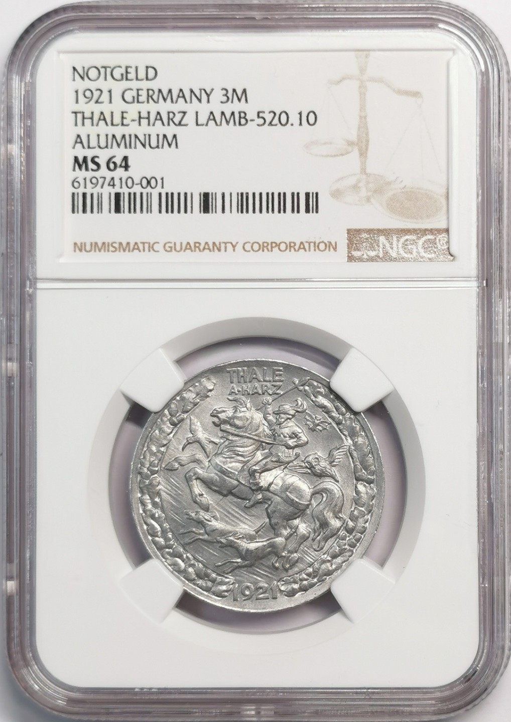 凡希社世界钱币微拍第二百零四期 1921德紧泰雷斯哈尔茨3马克铝币NGC-MS64原光状态
