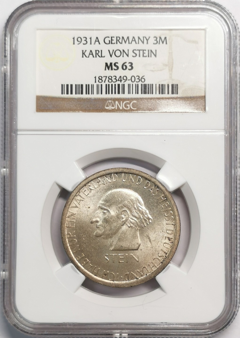 凡希社世界钱币微拍第二百零四期 1931A魏玛斯坦因纪念3马克银币NGC-MS63