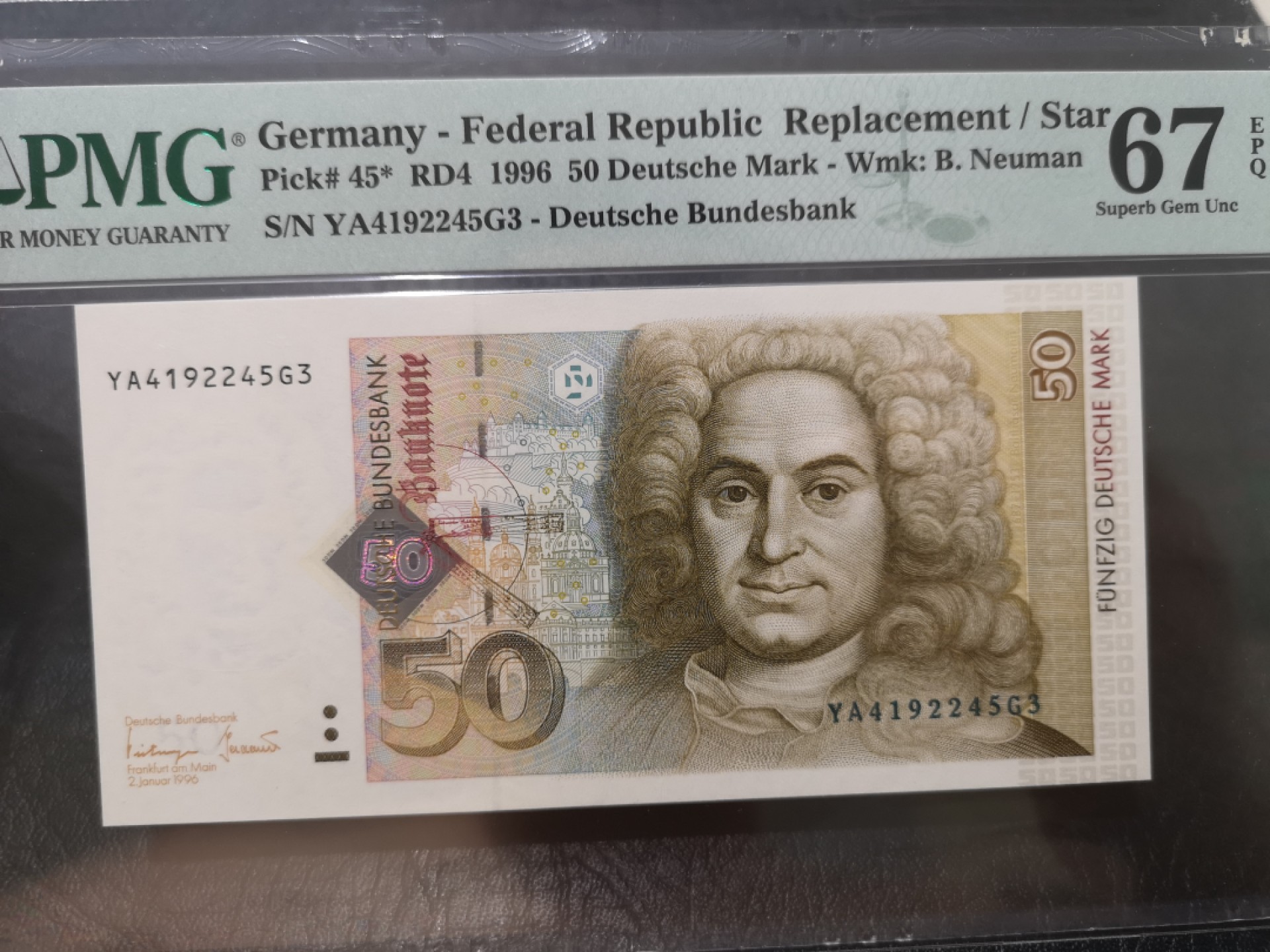 《外钞收藏家》第一百八十七期（本期71件） 1996年德国50马克 PMG67 补号