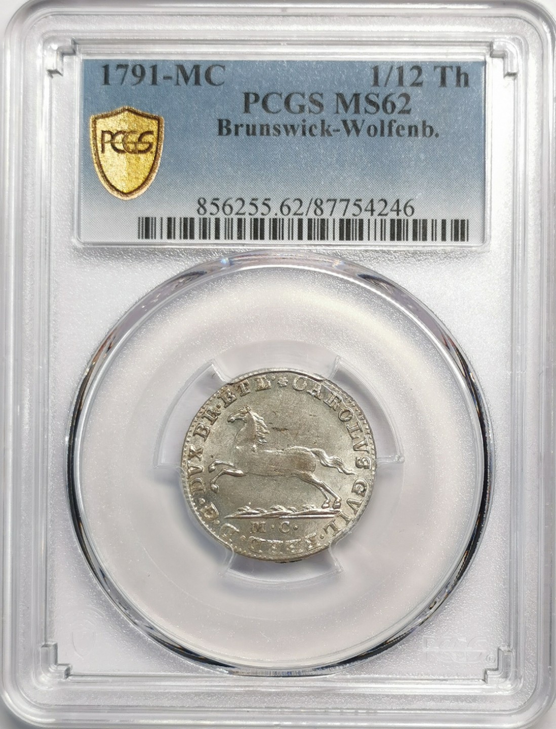 凡希社世界钱币微拍第二百零四期 1791布伦瑞克飞马1/12泰勒银辅币PCGS-MS62原色银光！