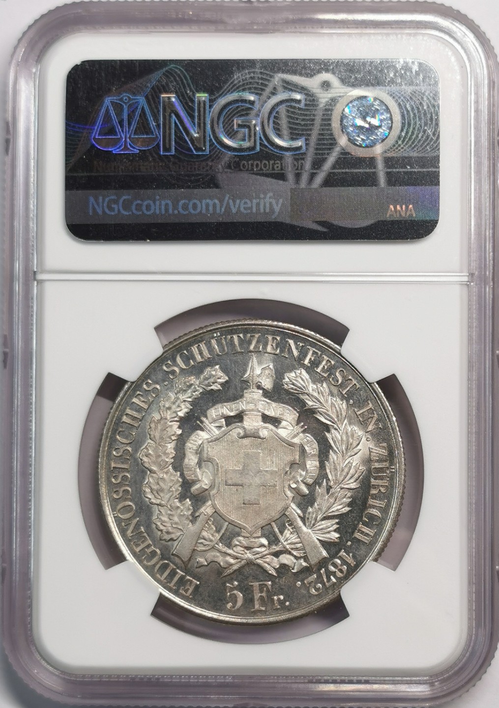 凡希社世界钱币微拍第二百零四期 1872瑞士苏黎世射击节5法郎大银NGC-UNCD