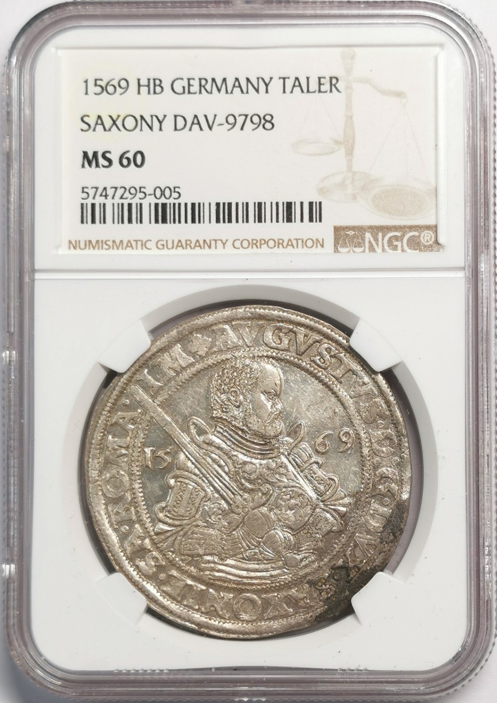 凡希社世界钱币微拍第二百零四期 荐！1569萨克森执剑大型泰勒NGC-MS60原光充沛！