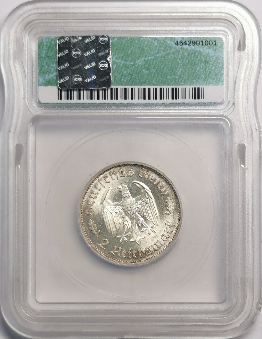 凡希社世界钱币微拍第二百零四期 1934F德国席勒2马克纪念银币ICG-MS63原色银光！