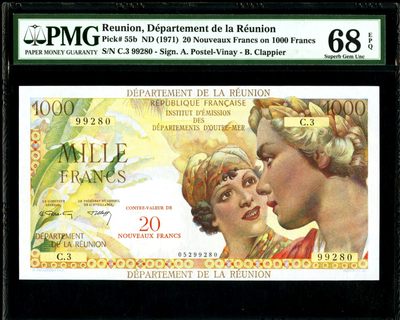 新纪元！【Blue Auction】✨世界纸币精拍第201期【精】   - 【无47 仅1张更高分】留尼旺 1971年20新法郎=1000法郎 PMG68EPQ 超高分 大票幅 非常经典的品种 