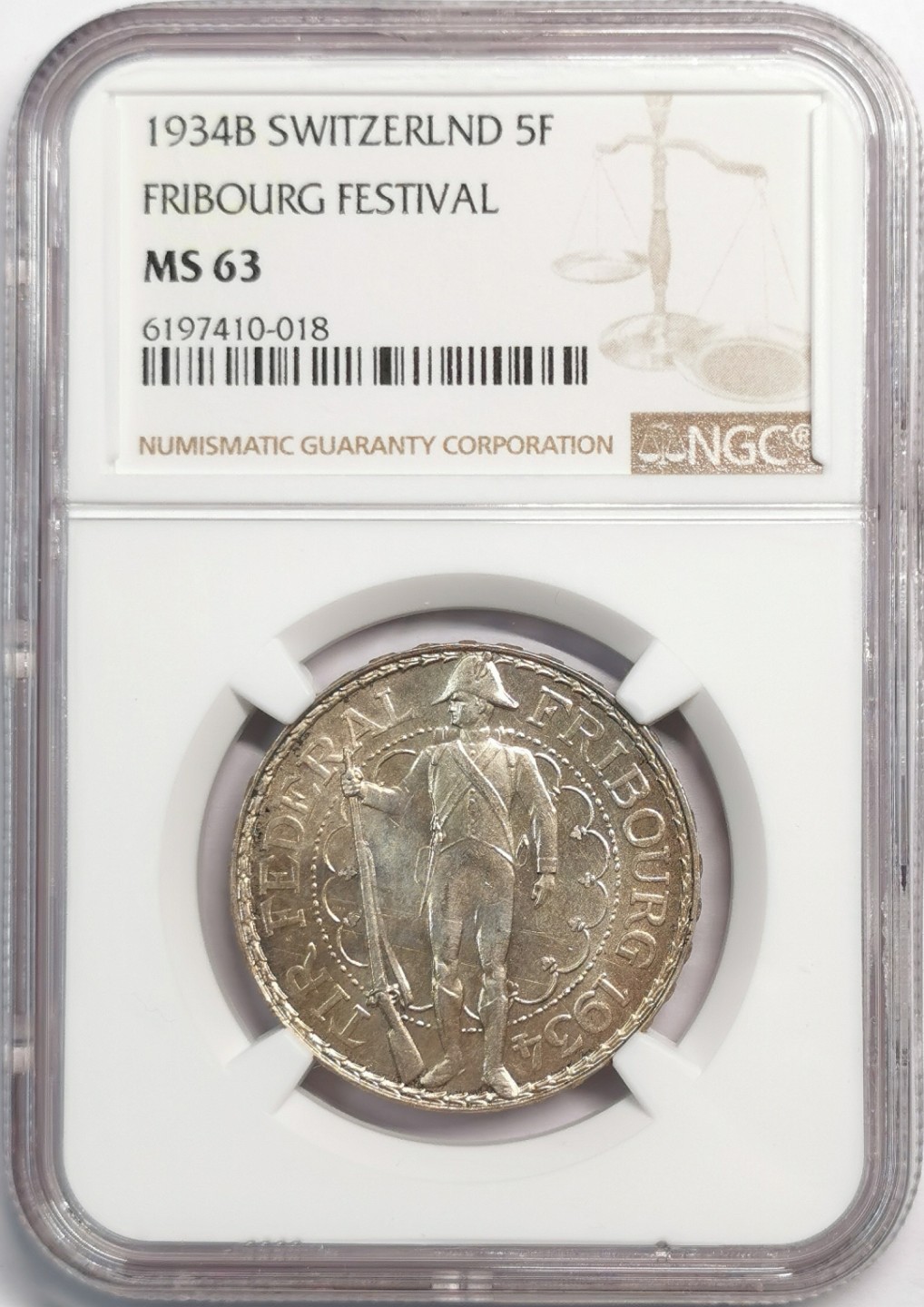 凡希社世界钱币微拍第二百零四期 1934瑞士弗莱堡射击节5法郎银币NGC-MS63