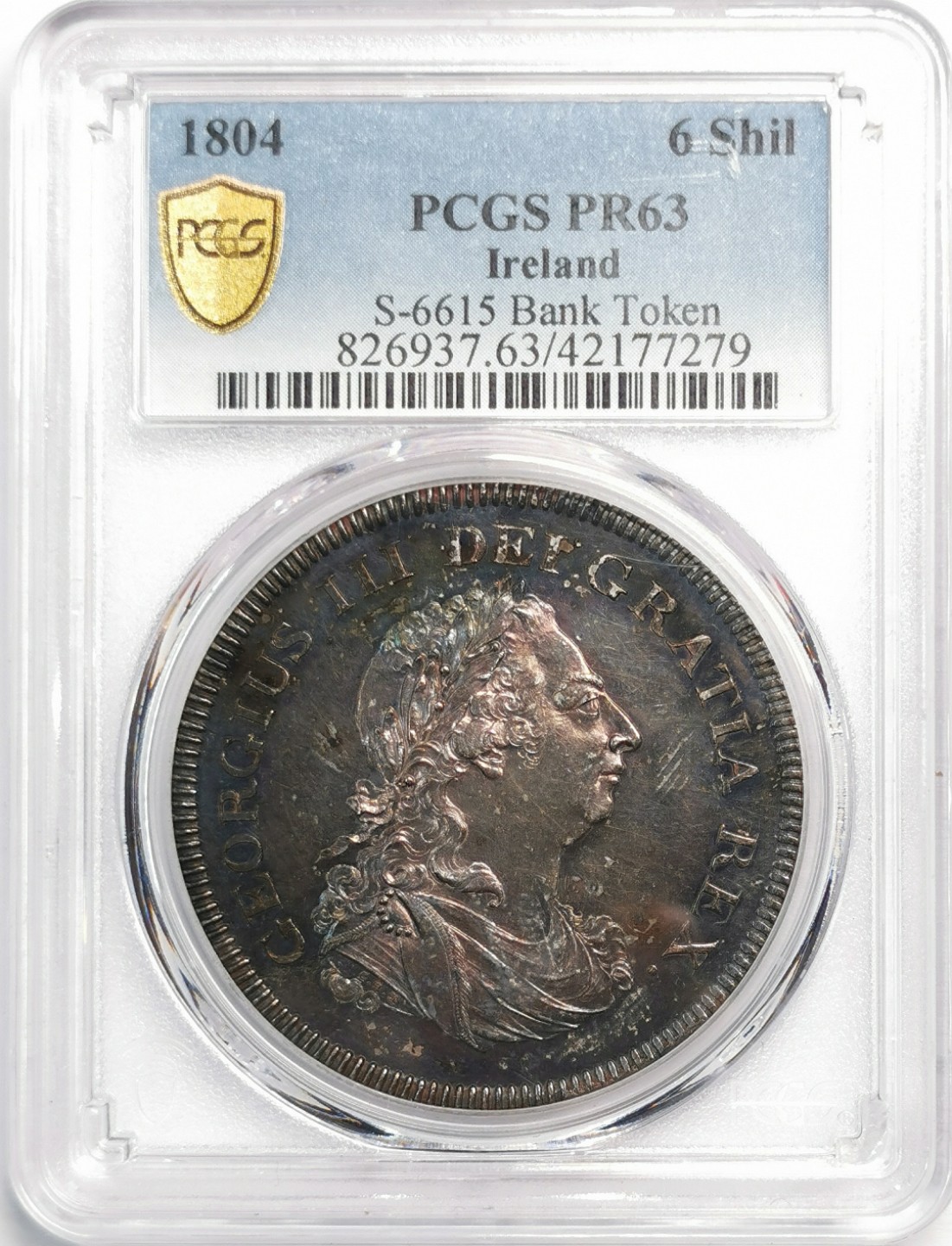 凡希社世界钱币微拍第二百零四期 稀！1804爱尔兰竖琴6先令大银精铸PCGS-PF63 SOHO出品黑彩收藏级！