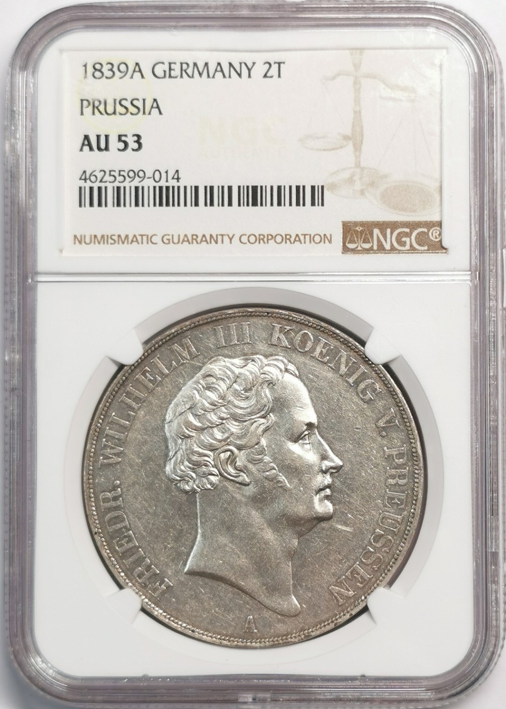 凡希社世界钱币微拍第二百零四期 1839普鲁士双泰勒大银NGC-AU53