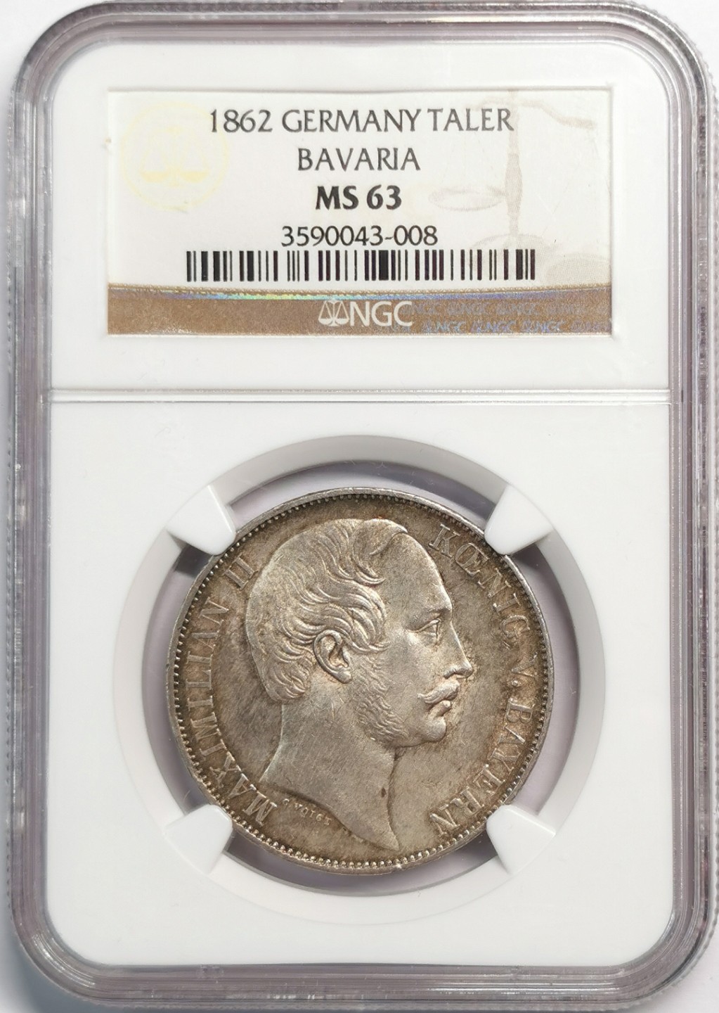 凡希社世界钱币微拍第二百零四期 1862巴伐利亚双狮泰勒NGC-MS63淡彩！