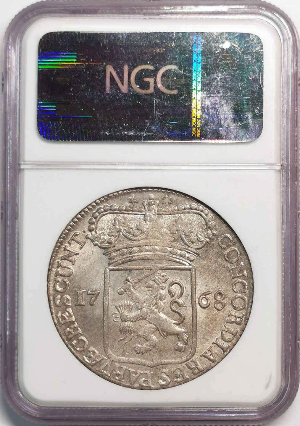 凡希社世界钱币微拍第二百零四期 稀！1768泽兰执剑武士杜卡特大银NGC-MS63黄光顶级品！