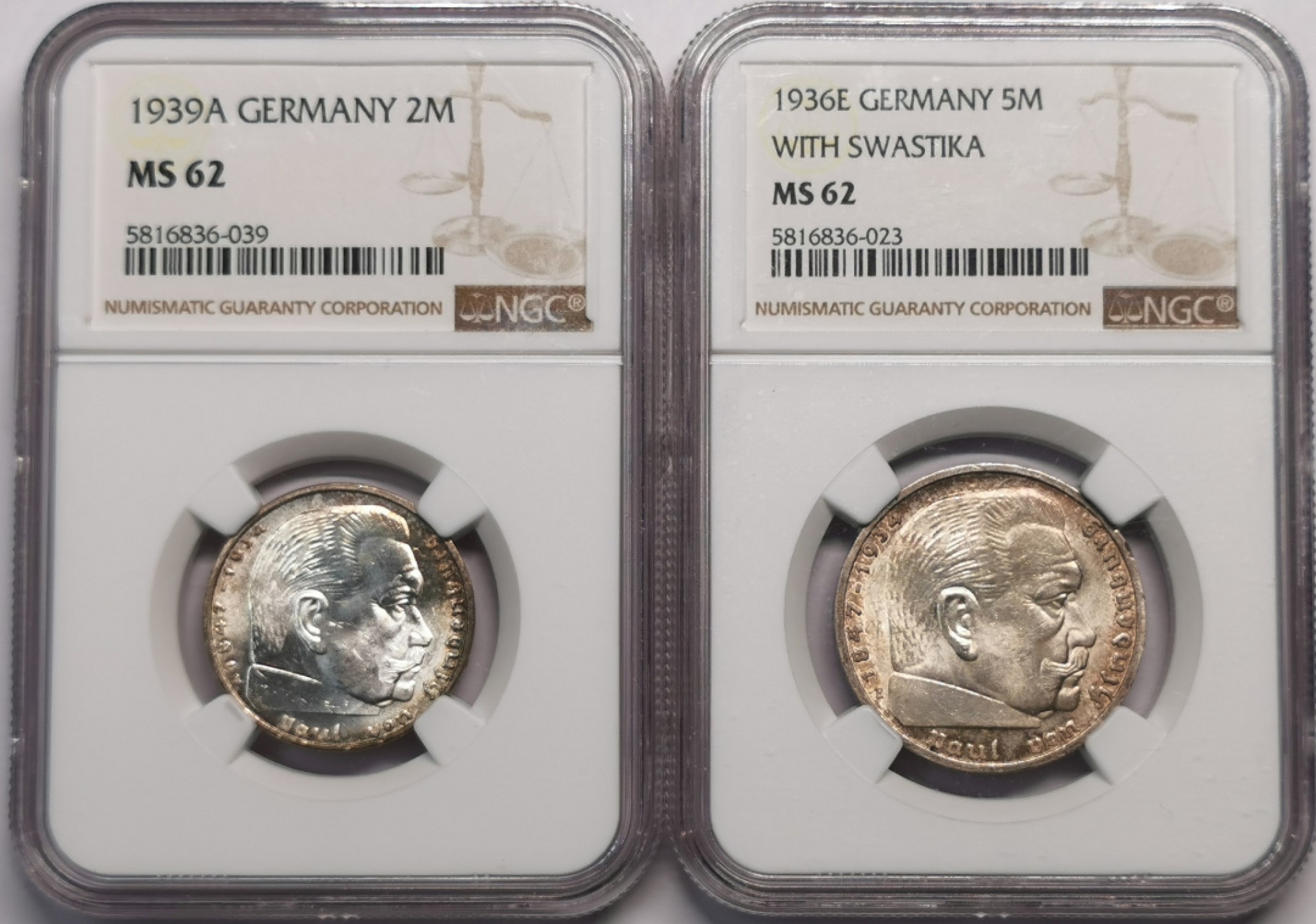 凡希社世界钱币微拍第二百零四期 1936/39德国兴登堡2/5马克一对NGC-MS62