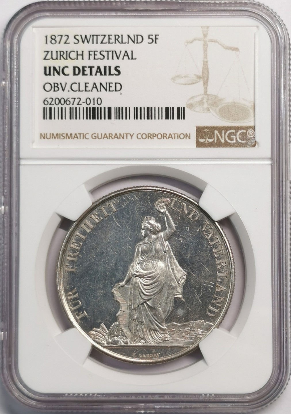 凡希社世界钱币微拍第二百零四期 1872瑞士苏黎世射击节5法郎大银NGC-UNCD