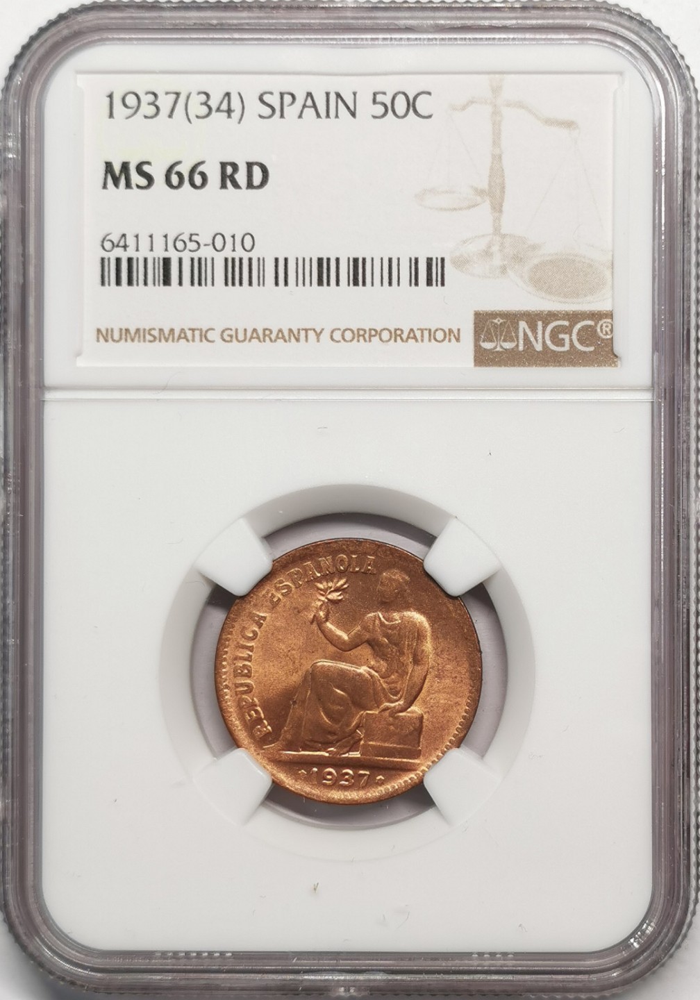 凡希社世界钱币微拍第二百零四期 1937西班牙50分铜币NGC-MS66RD