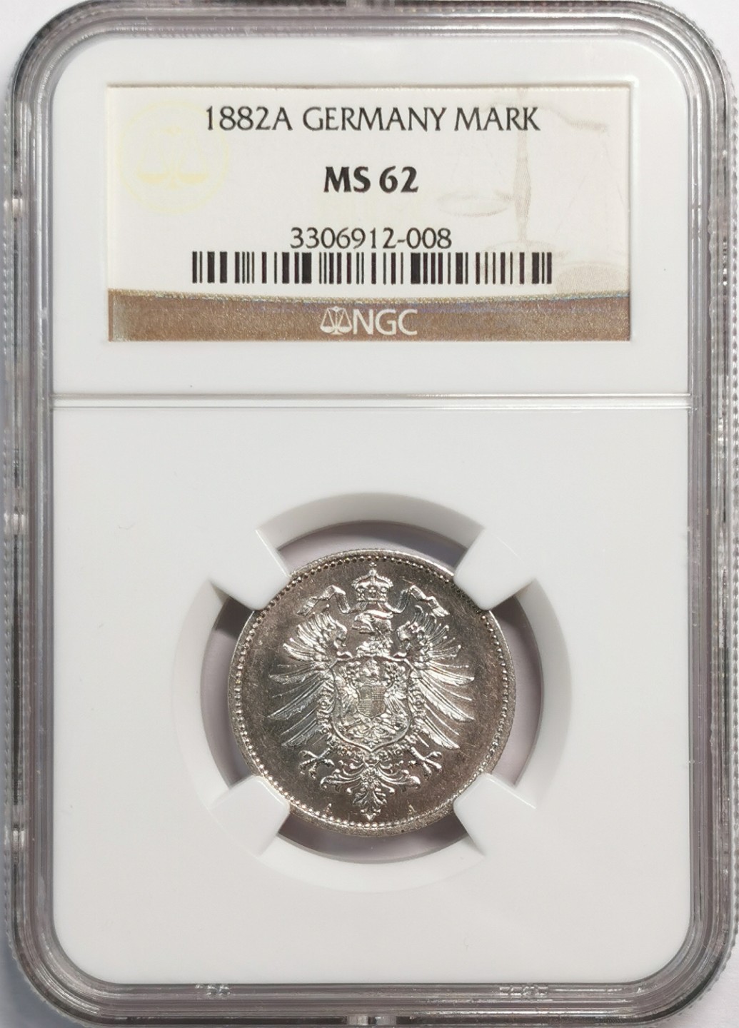 凡希社世界钱币微拍第二百零四期 1882A德国短翅银马克NGC-MS62好年份！