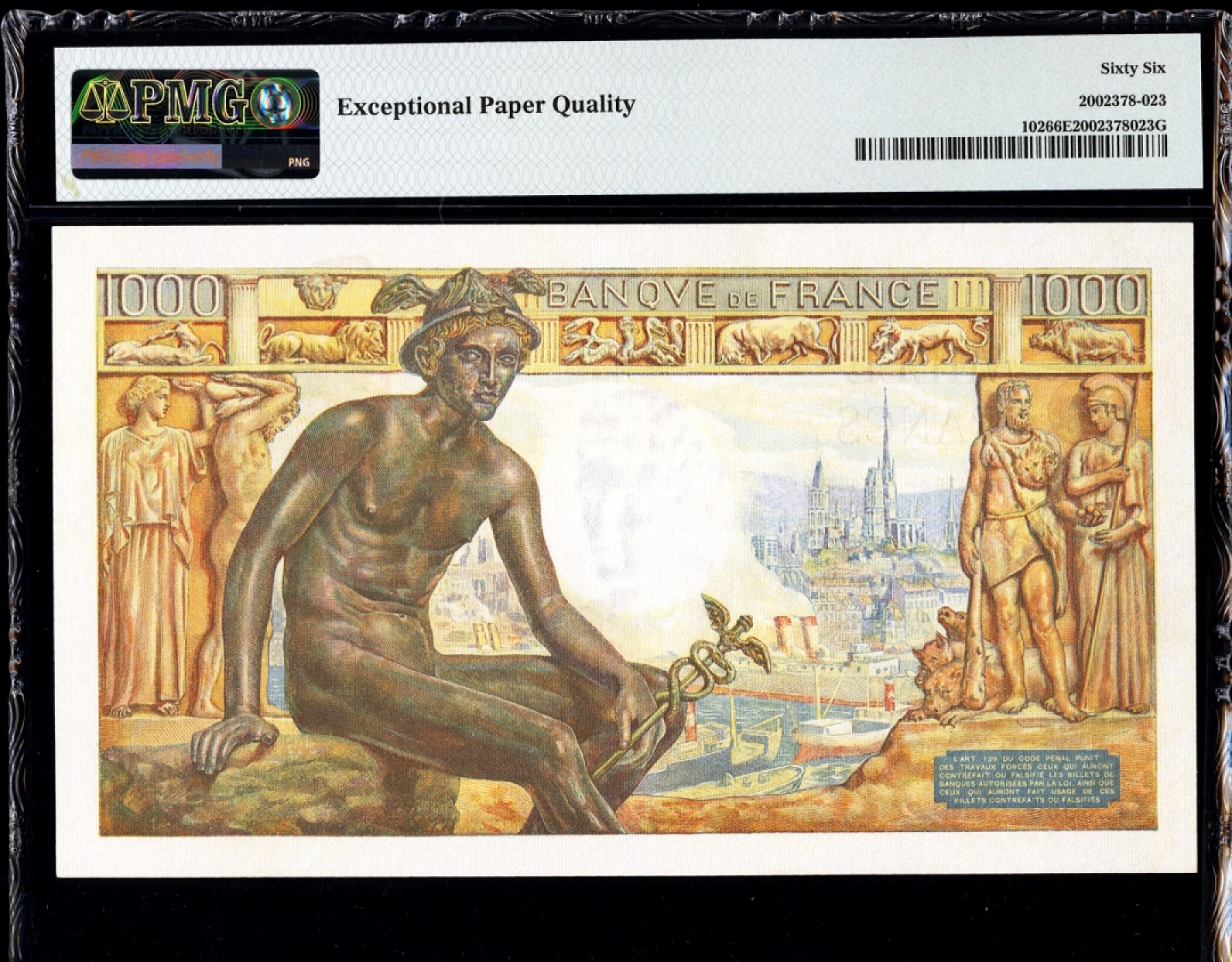 新纪元！【Blue Auction】✨世界纸币精拍第201期【精】   法国 1943年 1000法郎  PMG66EPQ  墨丘利&圣母 精美 大票幅