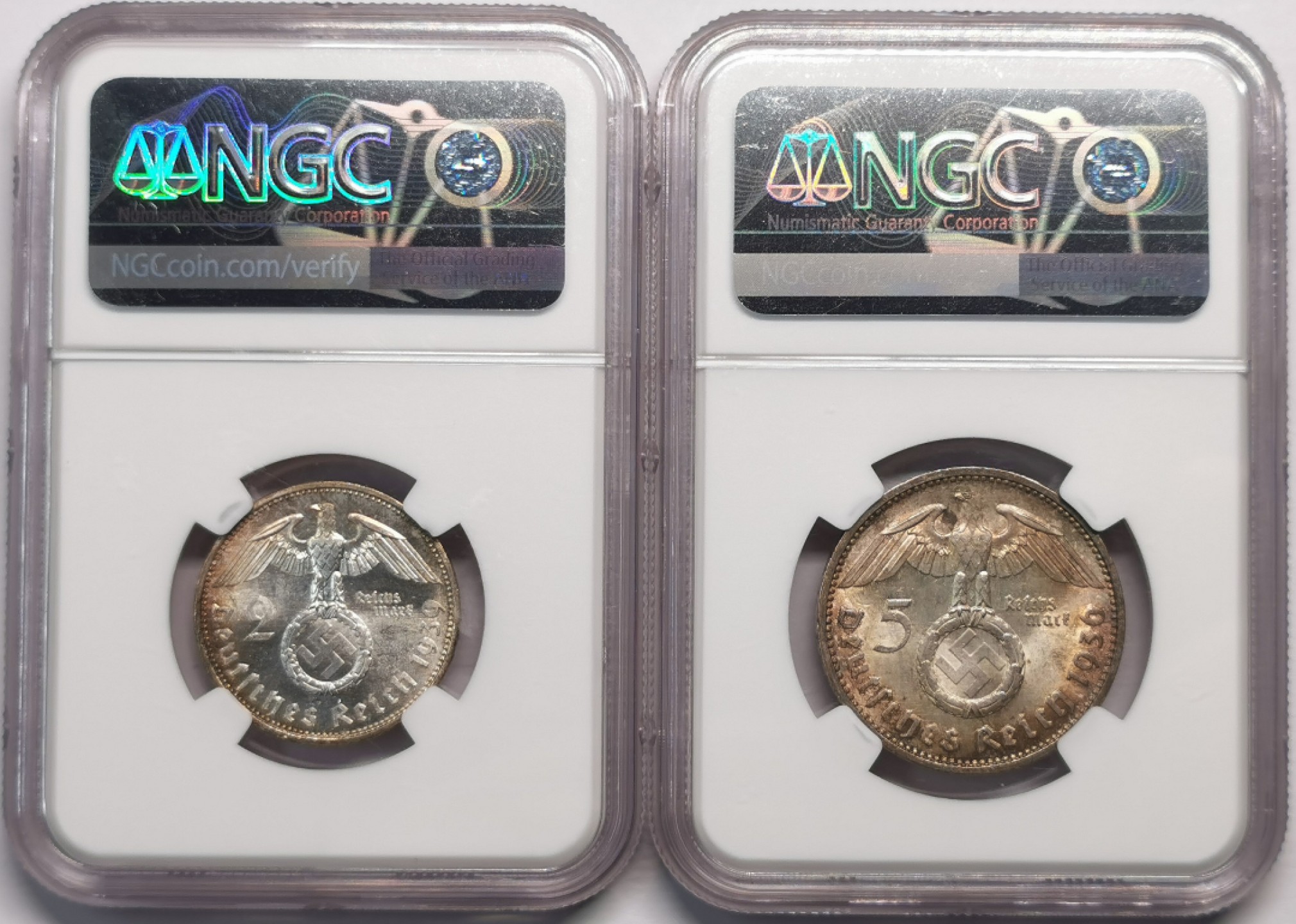 凡希社世界钱币微拍第二百零四期 1936/39德国兴登堡2/5马克一对NGC-MS62