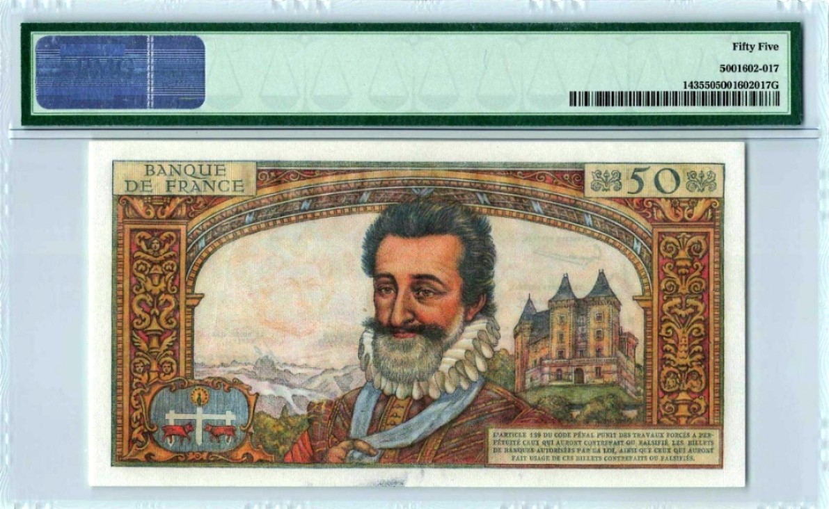 新纪元！【Blue Auction】✨世界纸币精拍第201期【精】   【无背标】法国 1959-61年50新法郎 PMG55 亨利四世 经典品种 水印精美