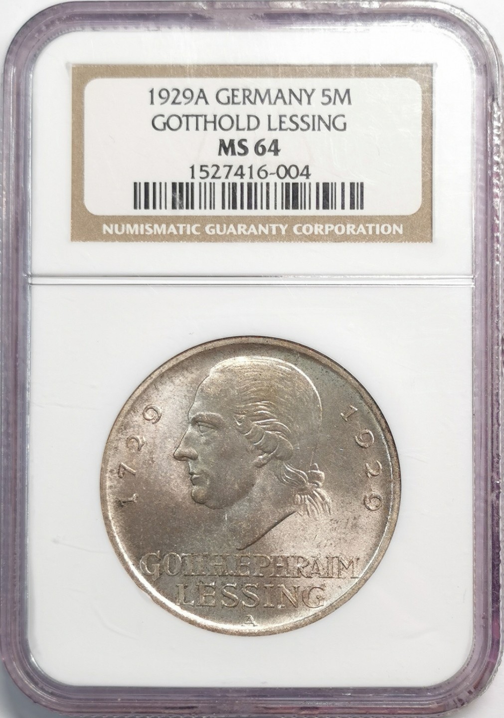 凡希社世界钱币微拍第二百零四期 1929A魏玛莱辛5马克纪念大银NGC-MS64淡金彩收藏级！