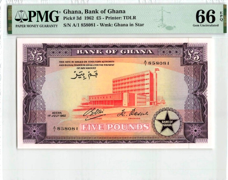 新纪元！【Blue Auction】✨世界纸币精拍第201期【精】   【A1冠无47】加纳 1962年5镑 PMG66EPQ 背面港口漂亮