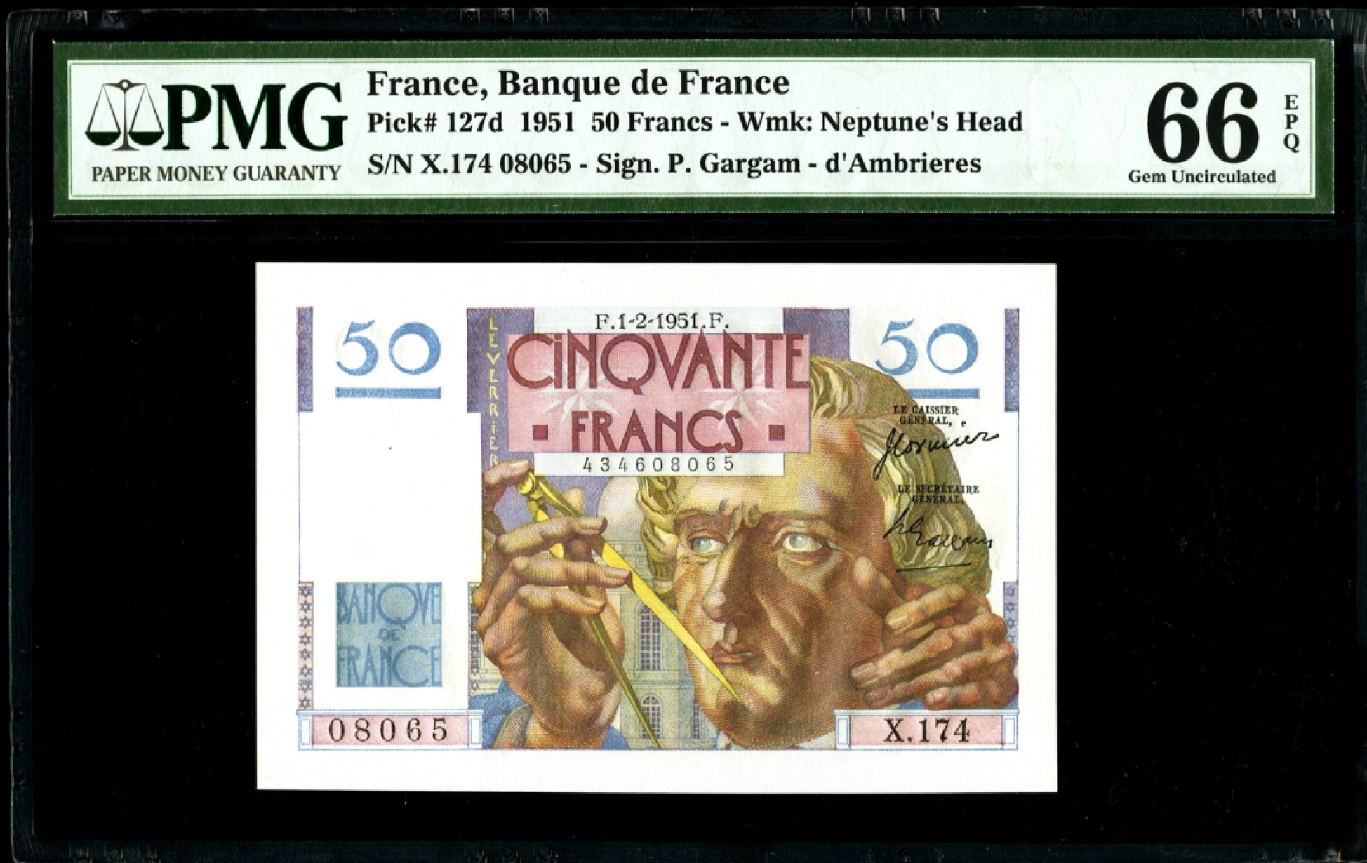 新纪元！【Blue Auction】✨世界纸币精拍第201期【精】   【无47】法国 1951年50法郎 PMG66EPQ 海王星 海神 精美
