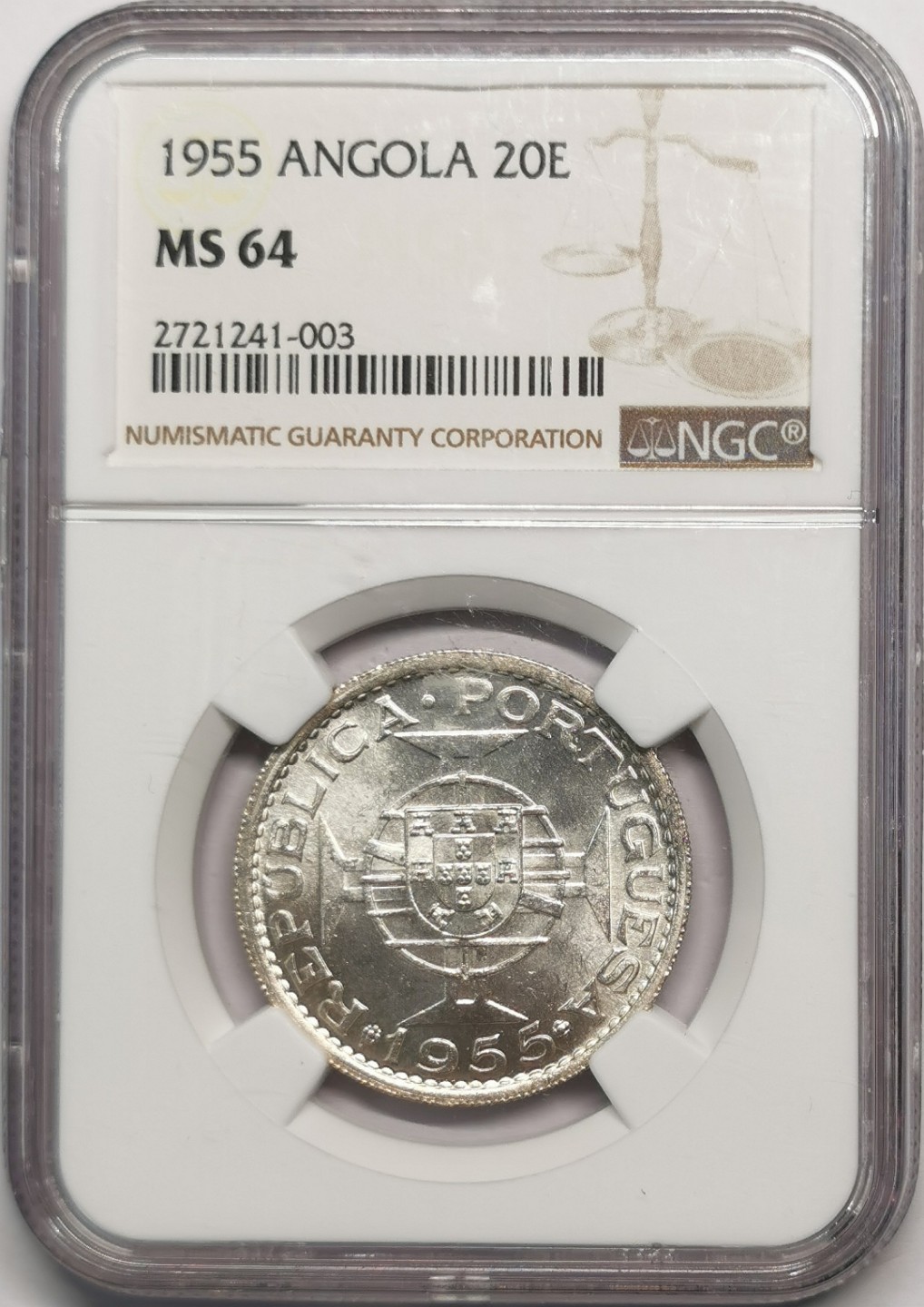 凡希社世界钱币微拍第二百零四期 1955葡属安哥拉20埃斯库多银币NGC-MS64