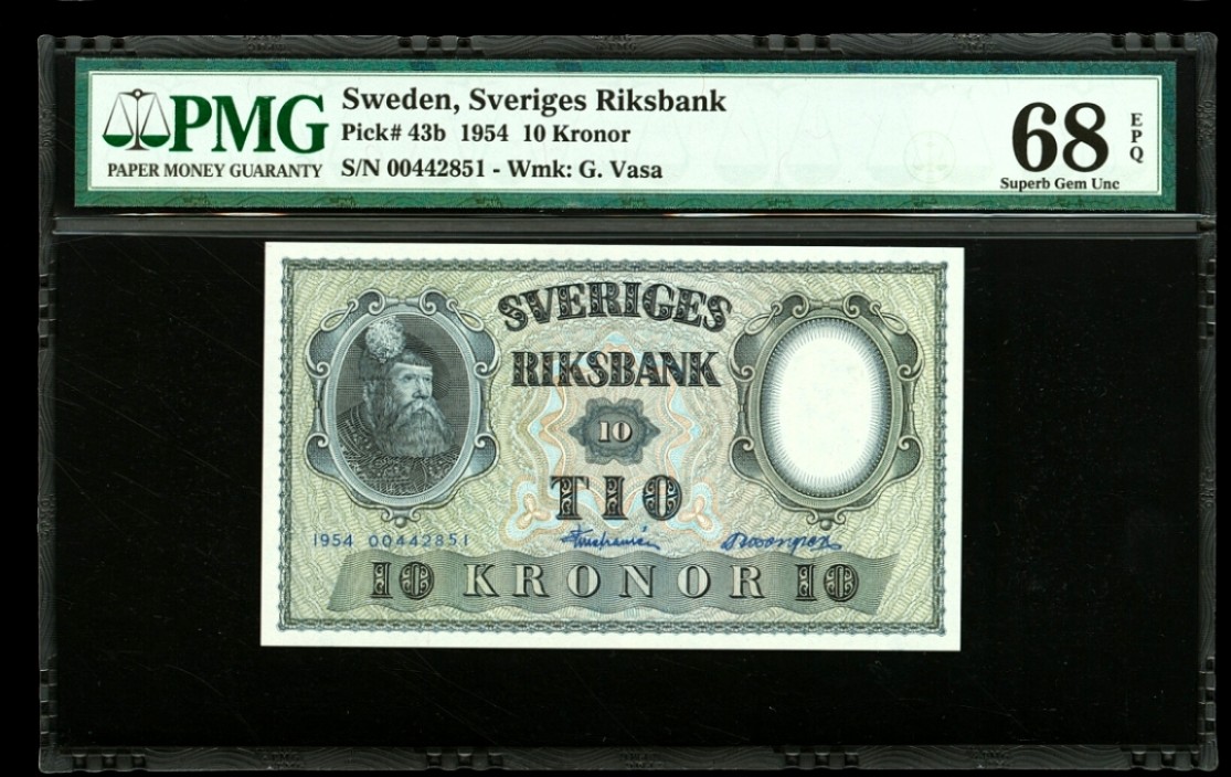新纪元！【Blue Auction】✨世界纸币精拍第201期【精】   【唯一冠军分】瑞典 1954年10克朗  大胡子 PMG68EPQ 超高分