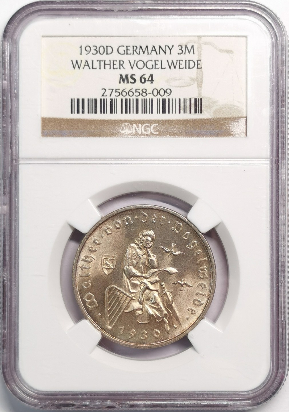 凡希社世界钱币微拍第二百零四期 1930D魏玛瓦尔德3马克纪念银币NGC-MS64