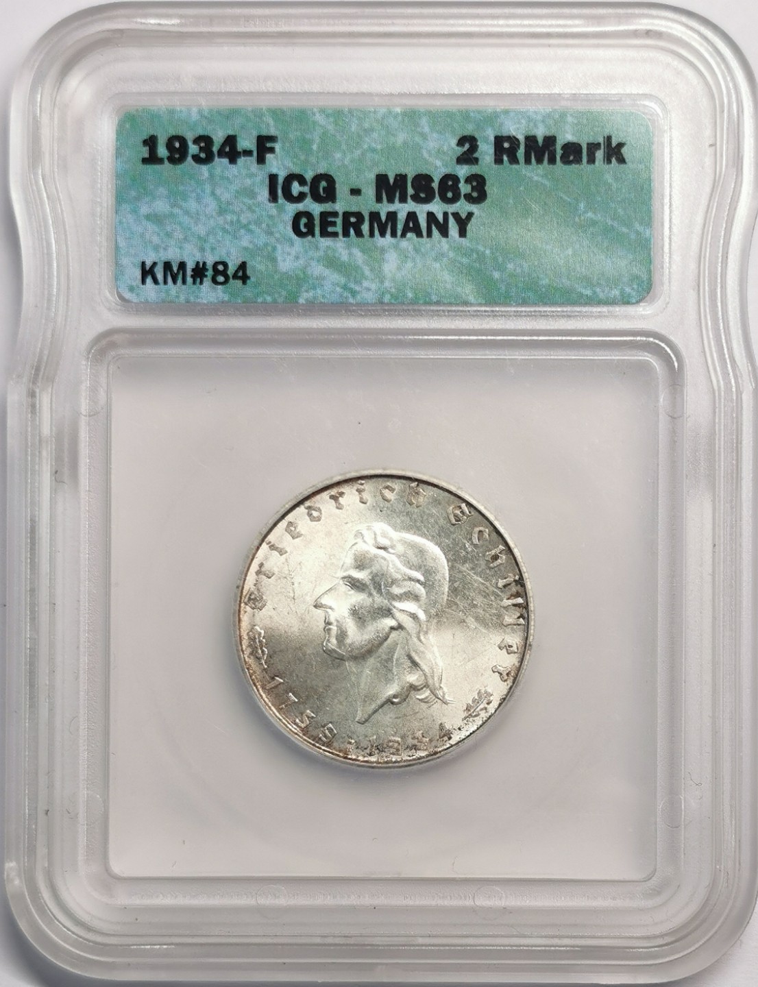 凡希社世界钱币微拍第二百零四期 1934F德国席勒2马克纪念银币ICG-MS63原色银光！