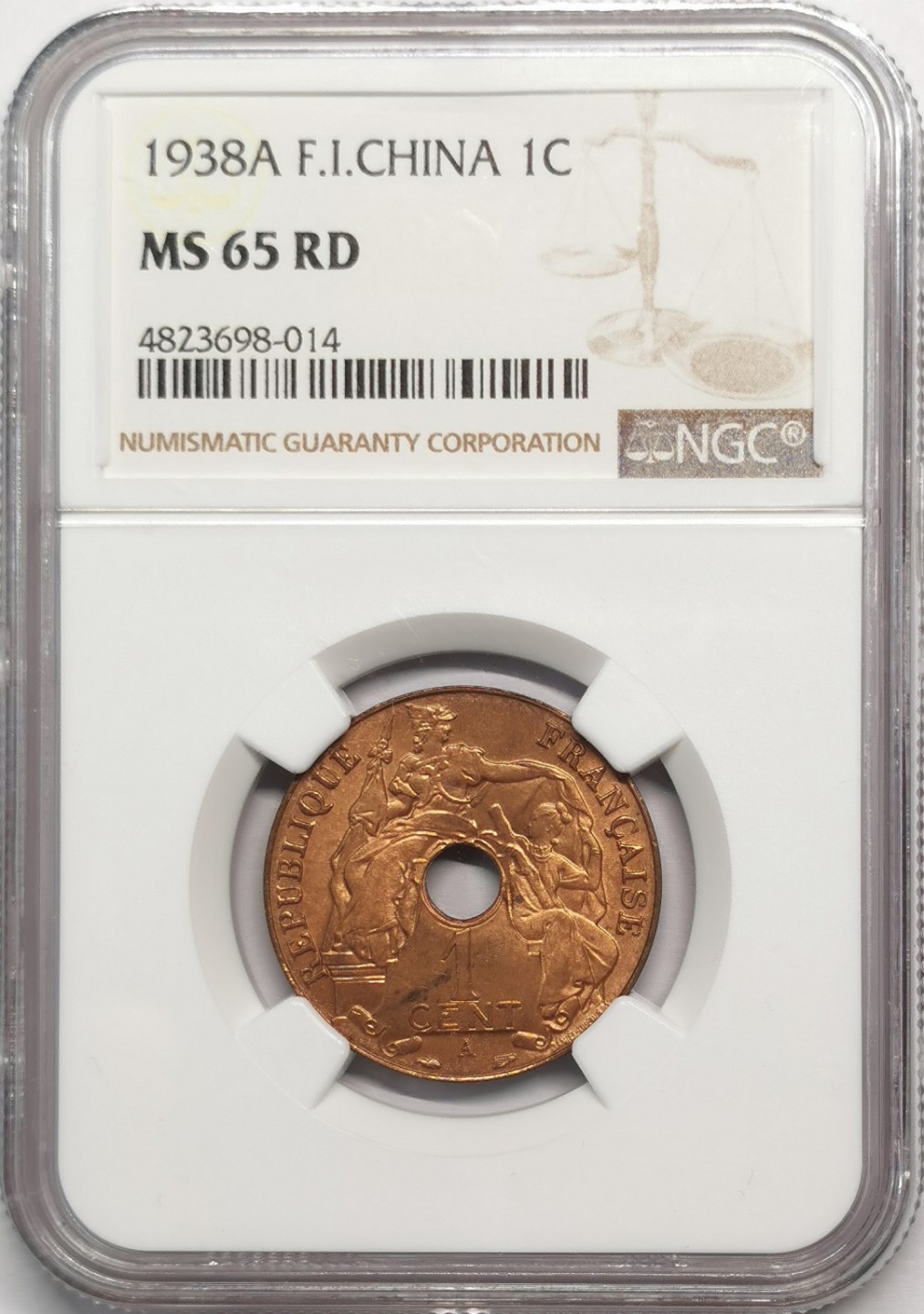 凡希社世界钱币微拍第二百零四期 1938法属印度支那中孔一分铜币NGC-MS65