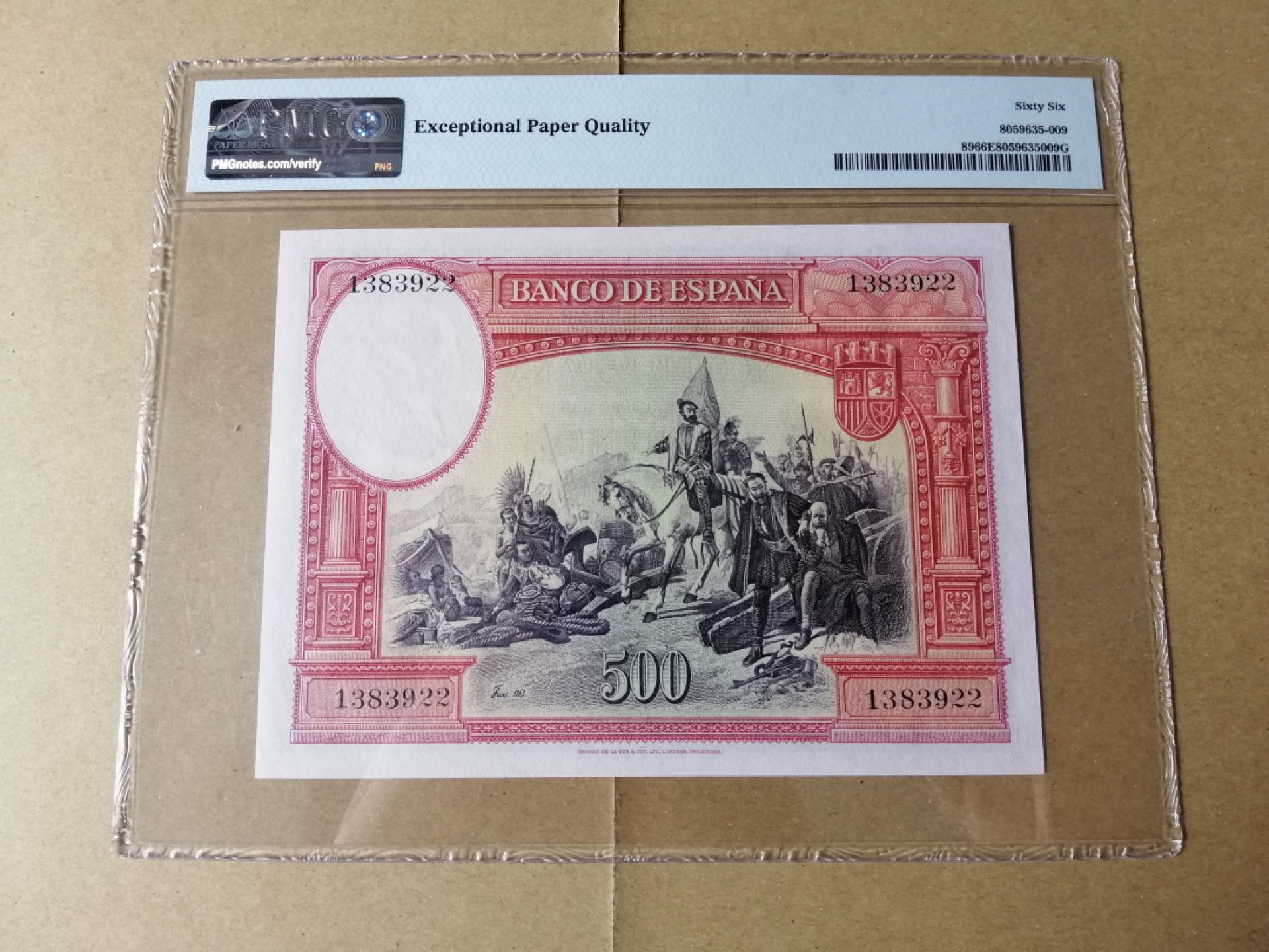 新纪元！【Blue Auction】✨世界纸币精拍第201期【精】   【无47】西班牙 1935年 500比塞塔 PMG66EPQ 高分 科尔特斯 经典大方块 雕刻非常细腻大气 值得珍藏 背面描述科尔特斯到达墨西哥后烧毁了他的船只，以说服他的部下们，没有回头路的场景。最终科尔特斯以破釜沉舟之势，以600人征服250万印第安人，塑造了西班牙征服者的传奇人生。