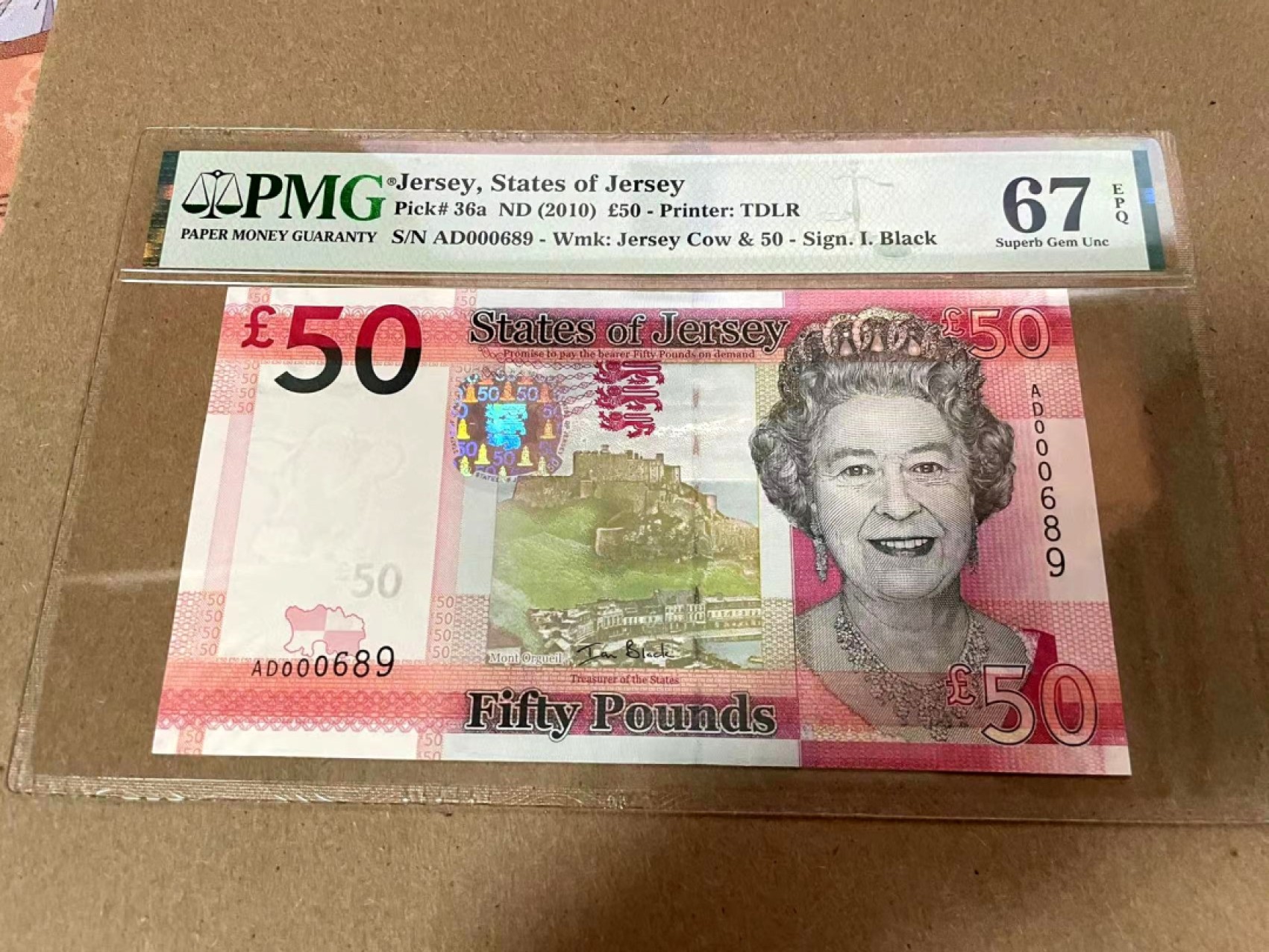 新纪元！【Blue Auction】✨世界纸币精拍第201期【精】   【一组5张 首发全同689小号】泽西 2010年5-50镑 PMG67EPQ-65EPQ（最高值67分）女王纸币 精美