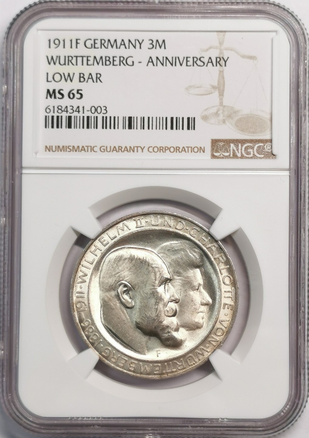 凡希社世界钱币微拍第二百零四期 1911德国符腾堡金婚纪念3马克NGC-MS65