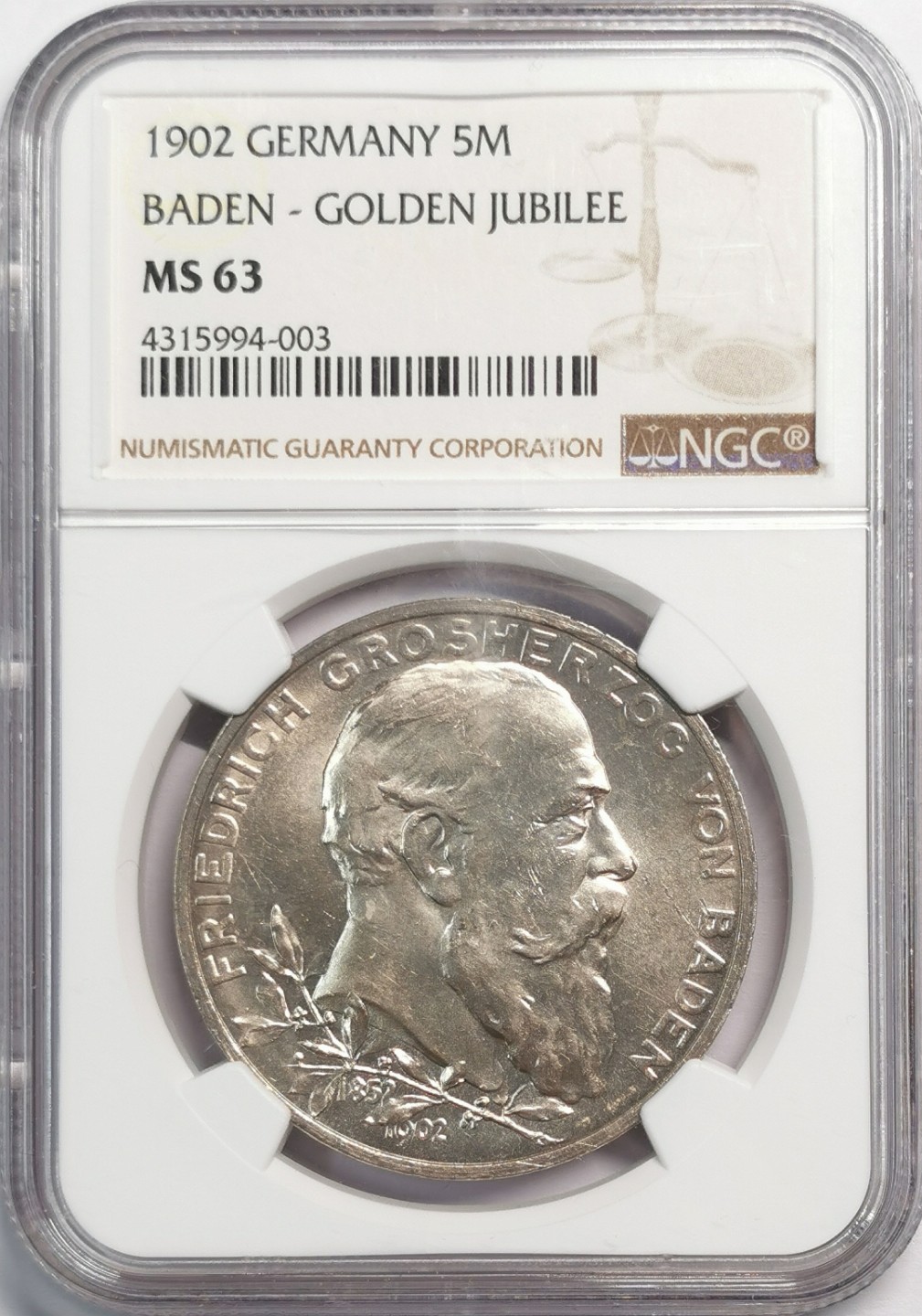 凡希社世界钱币微拍第二百零四期 1902德国巴登5马克纪念大银NGC-MS63