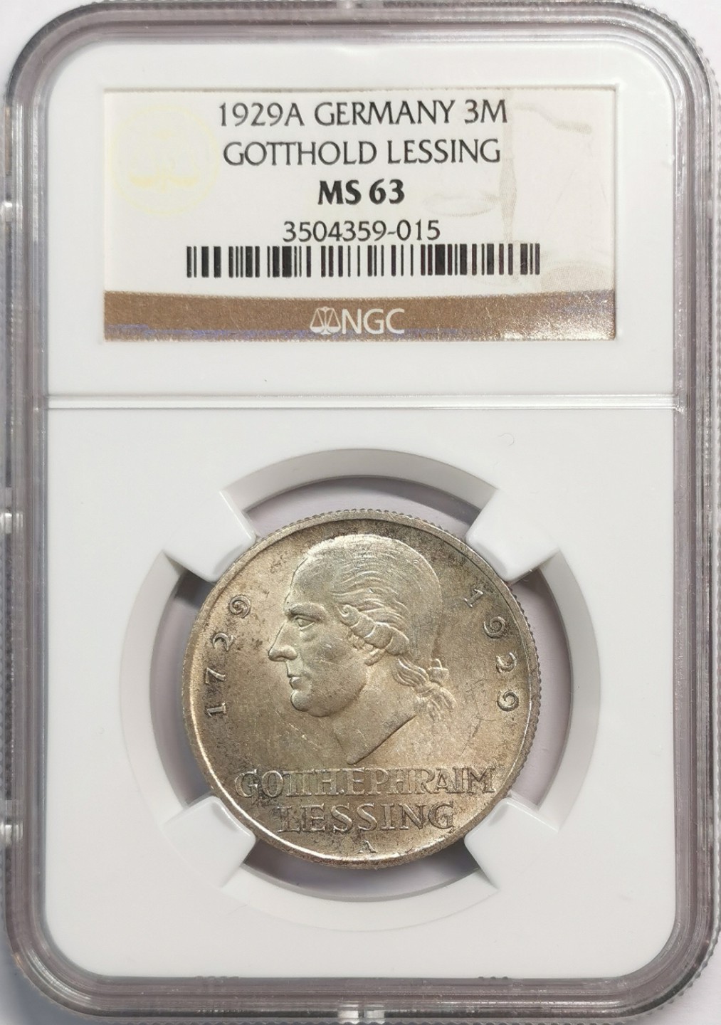 凡希社世界钱币微拍第二百零四期 1929A魏玛德国莱辛3马克纪念银币NGC-MS63
