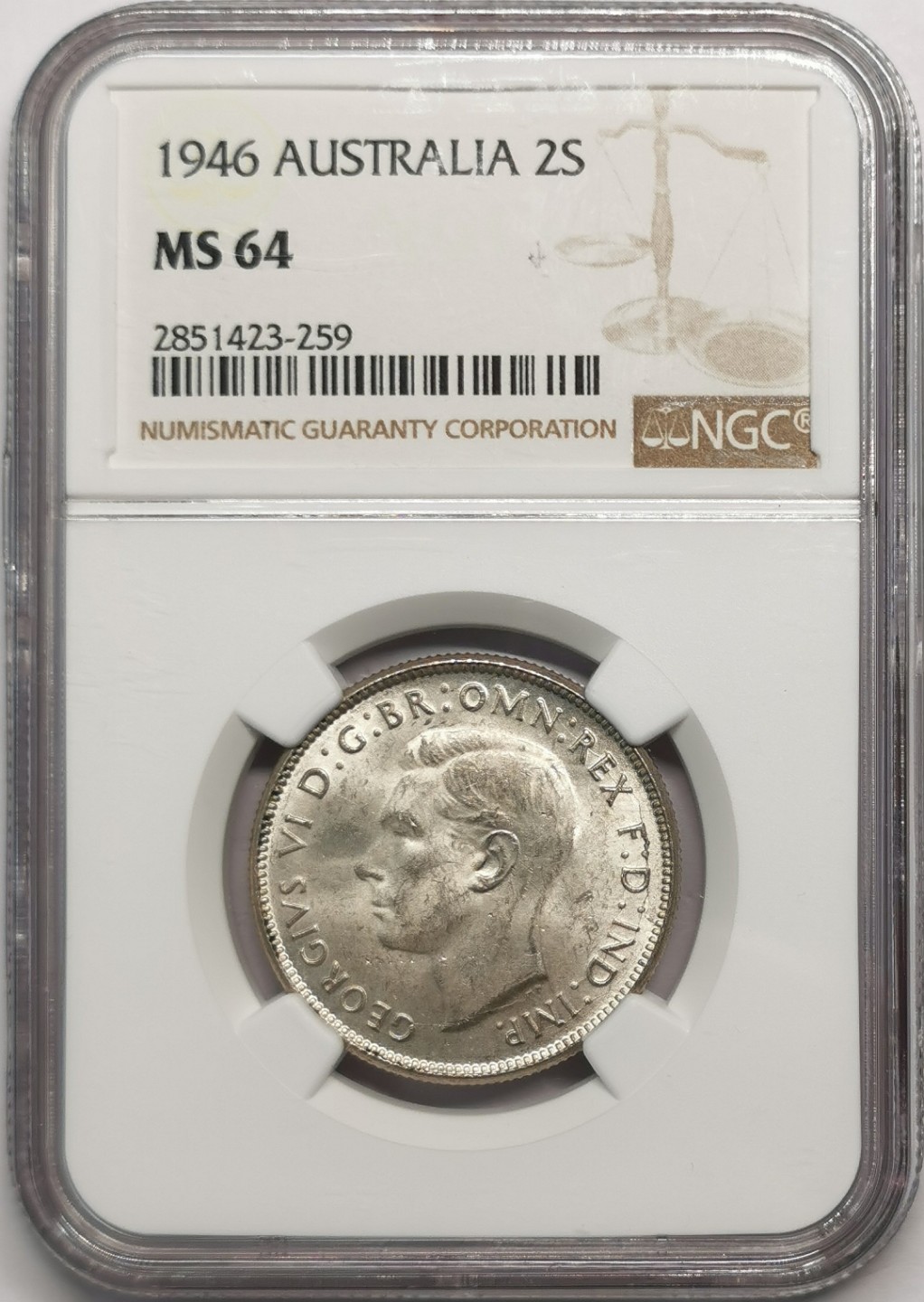 凡希社世界钱币微拍第二百零四期 1946澳大利亚乔六2先令银币NGC-MS64