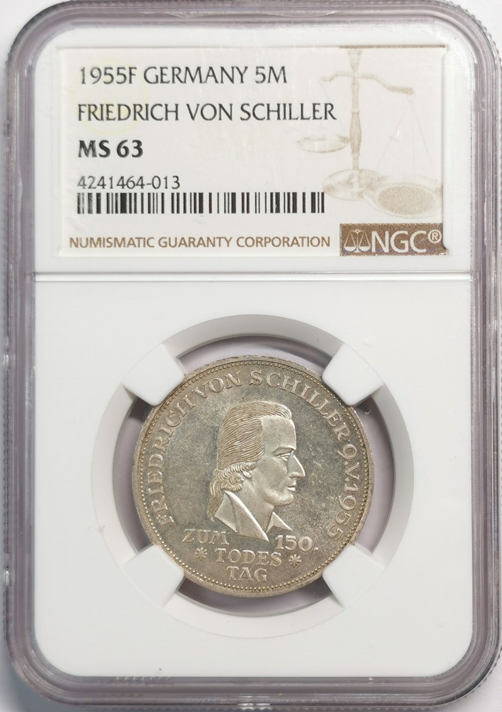 凡希社世界钱币微拍第二百零四期 1955F联邦德国席勒5马克纪念银币NGC-MS63