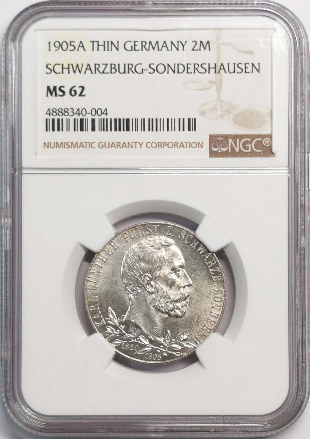 凡希社世界钱币微拍第二百零四期 1905A德国施瓦茨堡2马克NGC-MS62