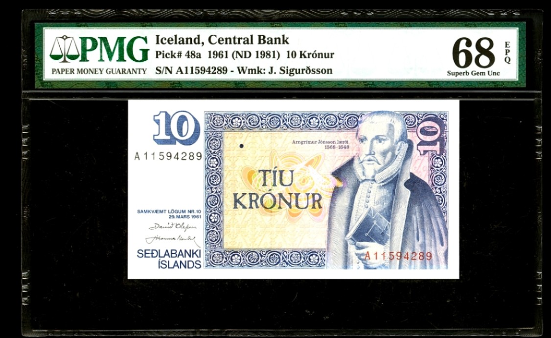 新纪元！【Blue Auction】✨世界纸币精拍第201期【精】   冰岛 1961年10克朗 PMG68EPQ A冠 超高分